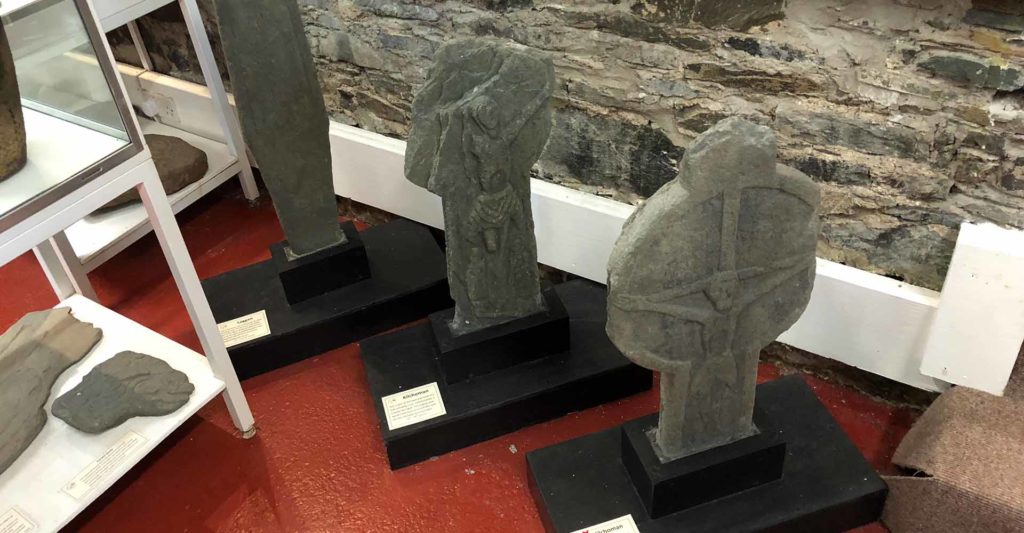 Celtic crosses on display at the Port Charlotte Museum on Islay