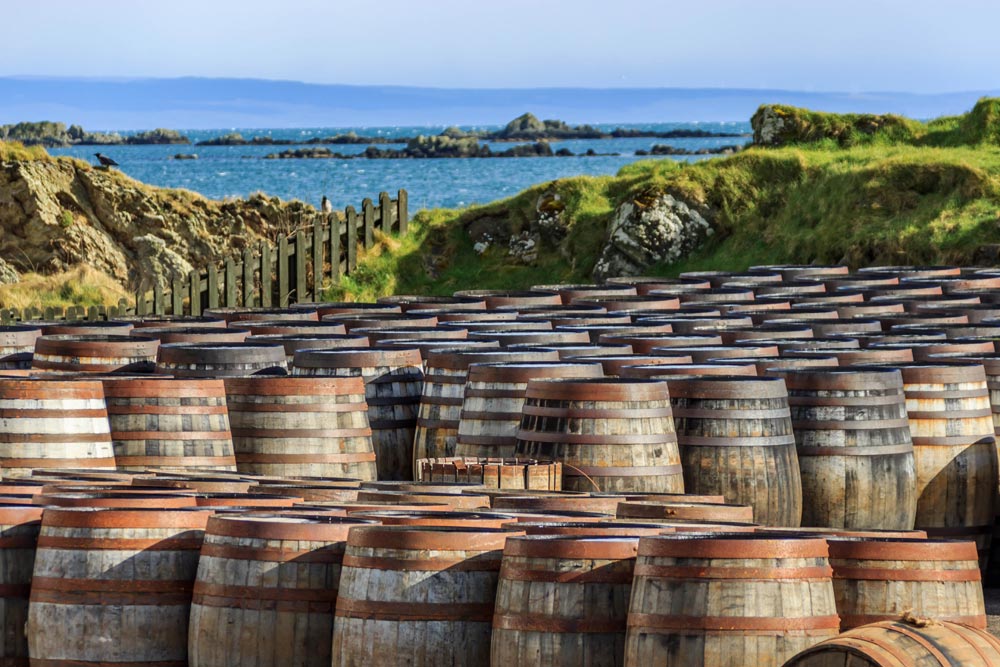 Scotch Whisky barrels lined up by the sea on the Island of Islay, Scotland