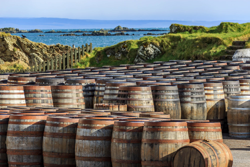 Whisky barrels lined up on Scottish island of Islay