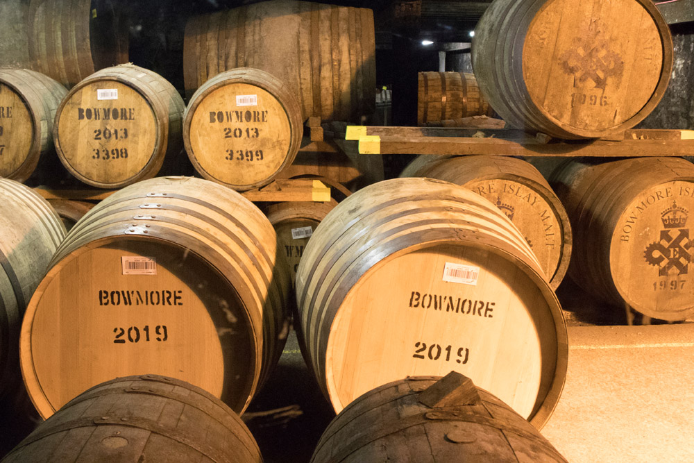 Whisky barrels at Bowmore Distillery on Islay